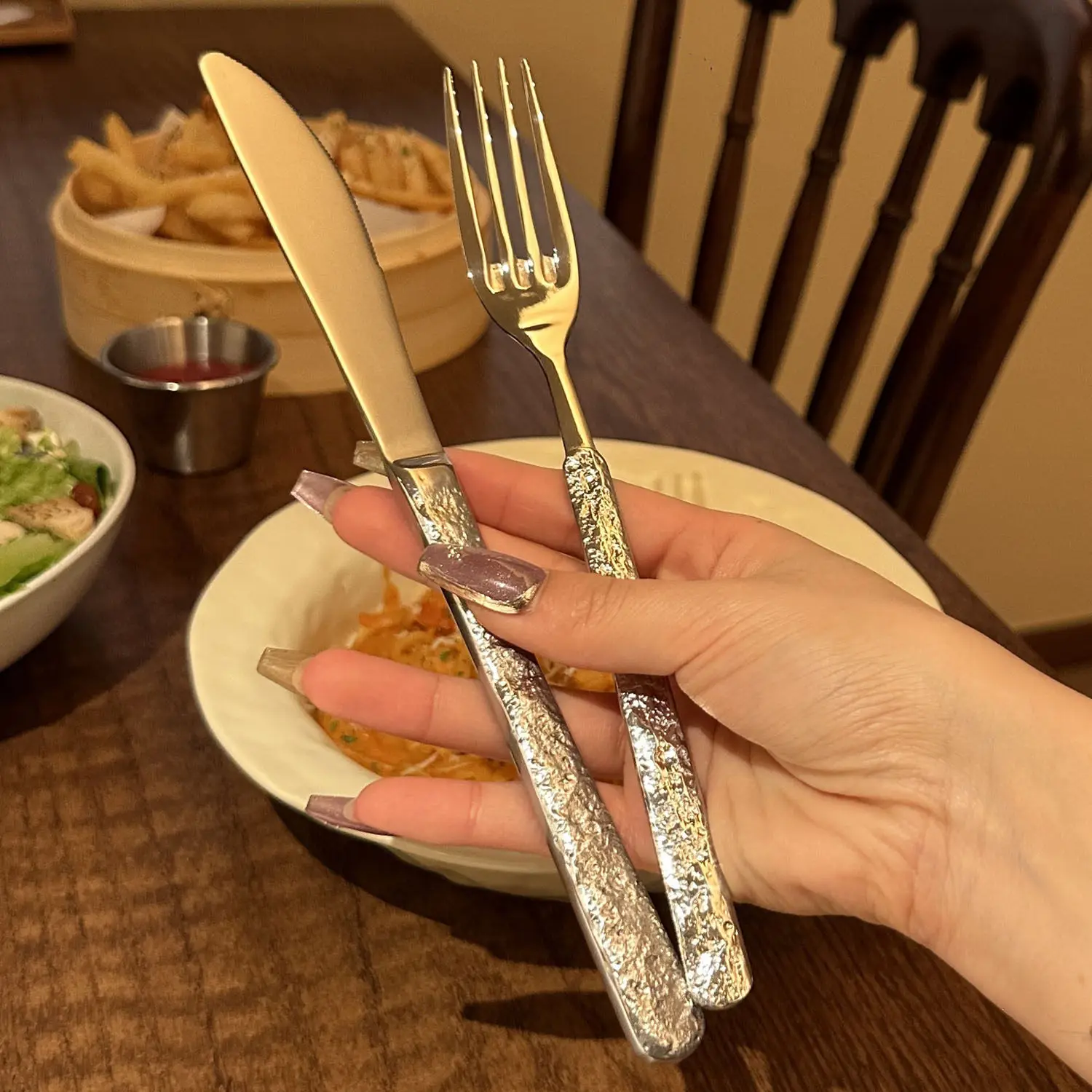 

Zml stainless steel western cutlery set - creative rock texture, premium food-grade steak knife, fork, and spoon 3-piece set