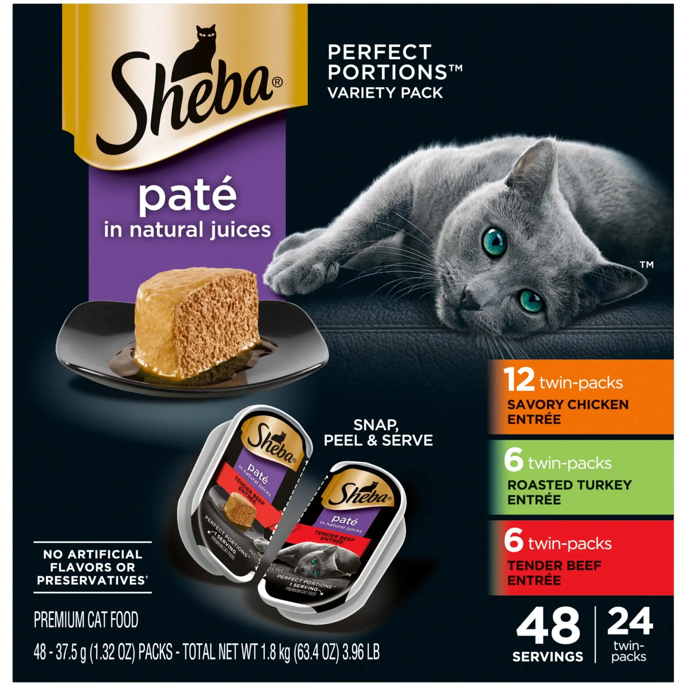 

Sheba Wet Cat Food Pate Variety Pack, Savory Chicken, Roasted Turkey, and Tender Beef Entrees, (24) 2.6 oz. Perfect Portions Tw