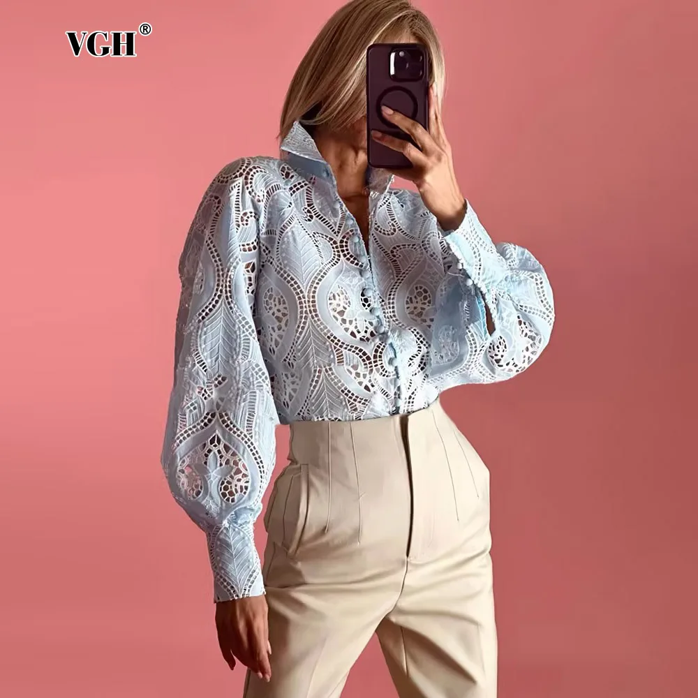 VGH Hollow Out Solid Minimalist Blouses For Women Lapel Long Sleeve Patchwork Single Breasted Loose Casual Shirts Female Style