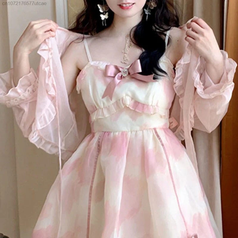 French Sweet Fairy Pink Dress For Women Trendy Chic And Elegant Woman 2 Pieces Set Lolita Dress Summer Girl Birthday Dress Gift