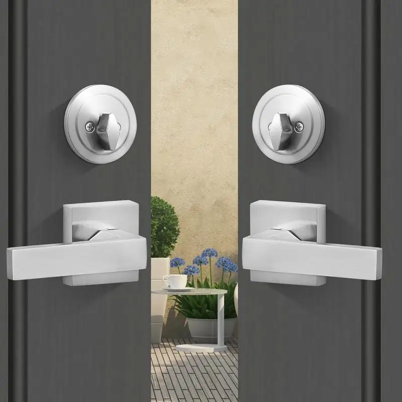 

Double Door Handle Set, Double Door Lock Set with Reversible Handle Lever, Satin Nickel Square Door Lever, Heavy Duty Double Front Door Handle Set with Dummy, for Front Door or Office Door