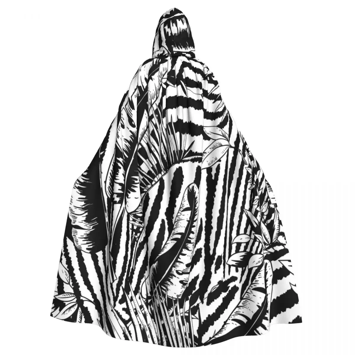 Adult  Cape Hooded Tropical Leaves Zebra Exotic Natural Black Medieval Costume Witch Wicca Vampire Carnival Party