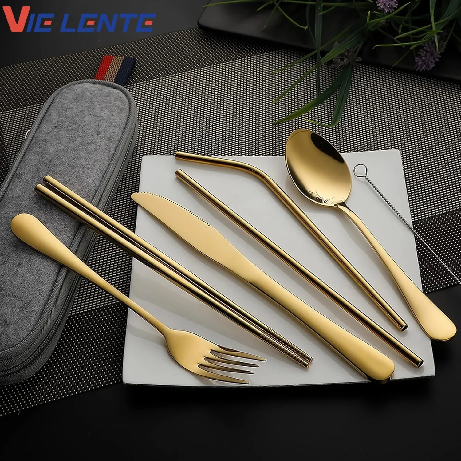 

Tableware Reusable Travel Cutlery Set Camp Utensils Set with Stainless Steel Spoon Fork Chopsticks Straw Portable Case Gold fork