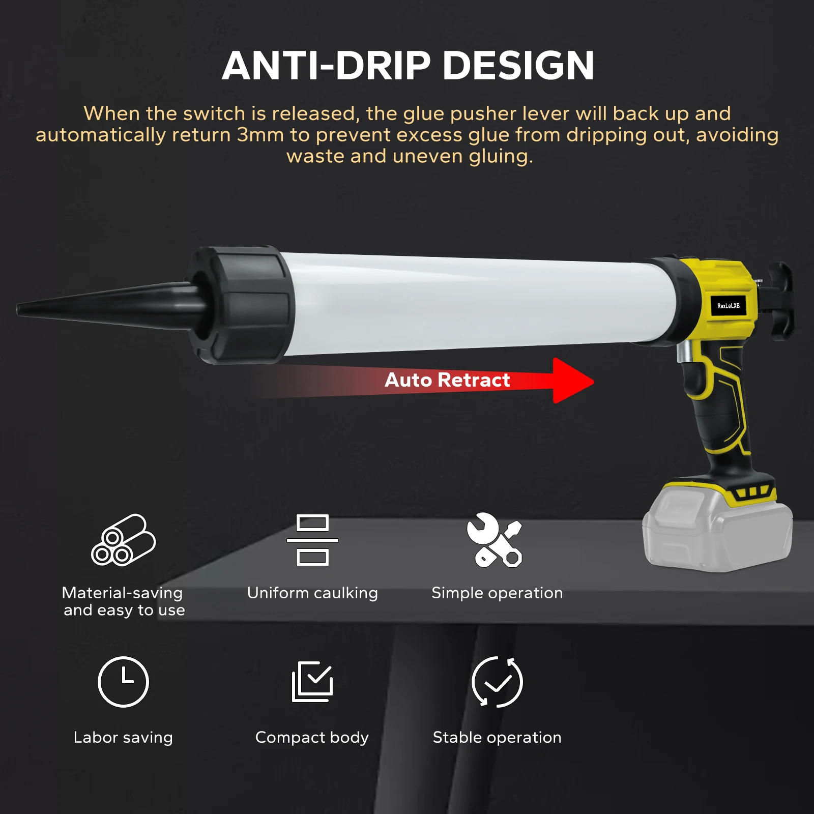Cordless Sausage Caulking Gun 20oz/600ml Electric Sealant Adhesive Gun 4 Speed Filling Sealing Repair for Dewalt 20V Battery Pin image 3