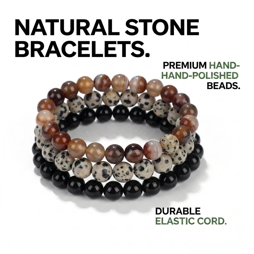 3Pcs Nature Black Obsidian Dalmatian Jasper Striped Agate Beaded Bracelet Set Stackable Protection Harmony Stone Jewelry for Men