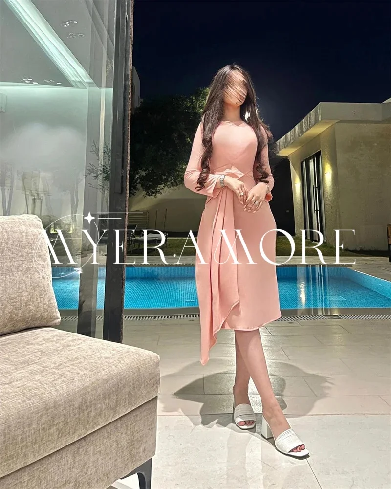 Eleganckie satynowe sukienki na studniówkę z długim rękawem, sukienki wieczorowe o długości do herbaty, falbany, suknie na przyjęcia weselne, szyte na miarę فساتين سهرة