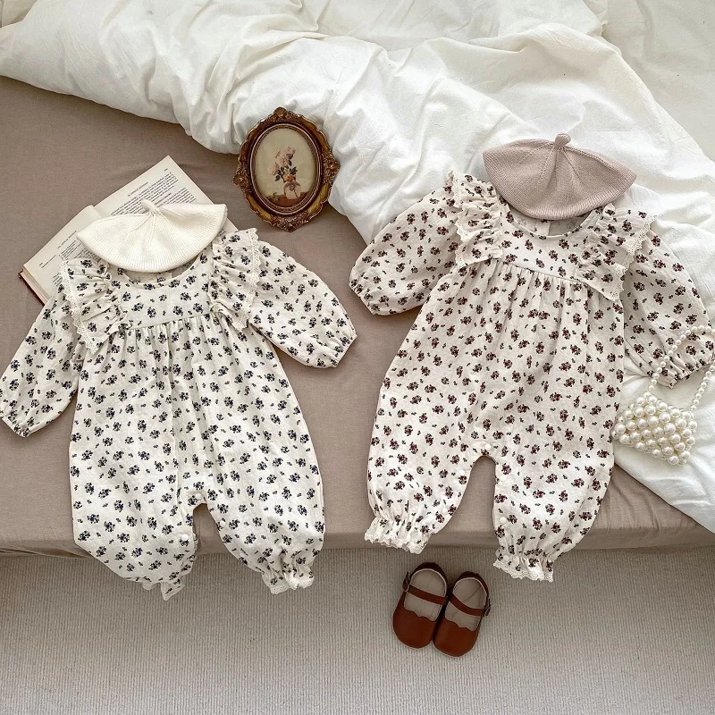 2023 Autumn Newborn Baby Girl Romper Long Sleeve O-Neck Flower Jumpsuit Cotton One-Pieces Outfits Princess Clothes 0-24Months