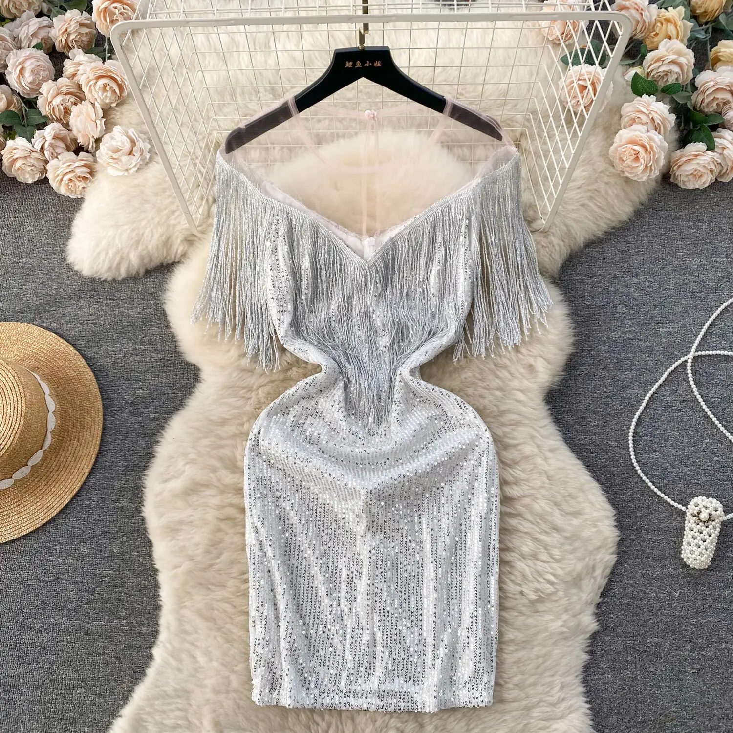 

Foamlina High Qaulity INS Trendy Birthday Party Dress For Women Sexy Perspective Mesh Patchwork Sequin Tassel Girl's Gift Dress