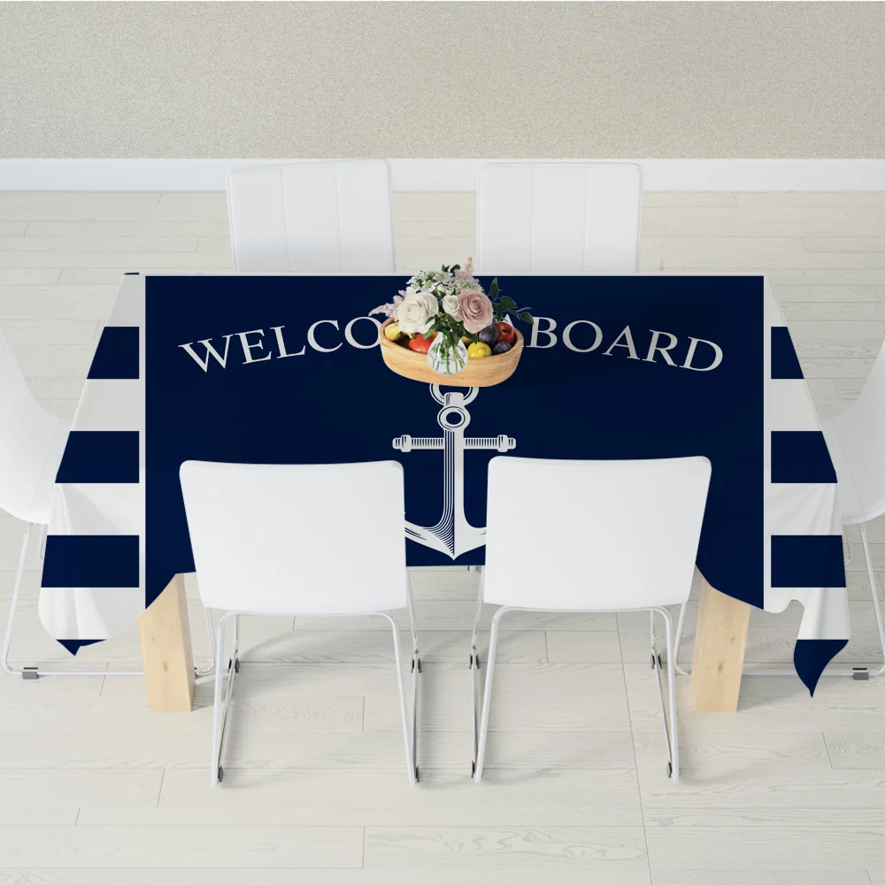 Chic Nautical Anchor Wheel Navy Blue Stripes Personalised Table Cover Cloth for Party Home Decor Custom Boat Name Tablecloth TV