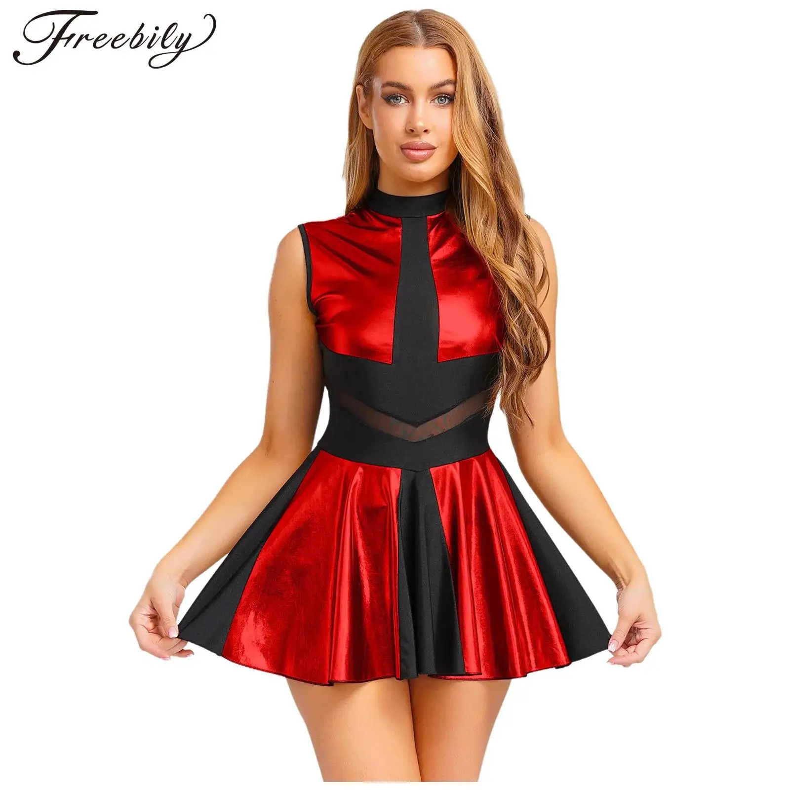 

Womens Metallic Cosplay Space Alien Astronaut Costume Hollow Out Shiny Dress for Halloween Cheerleading Club Role Play Dress