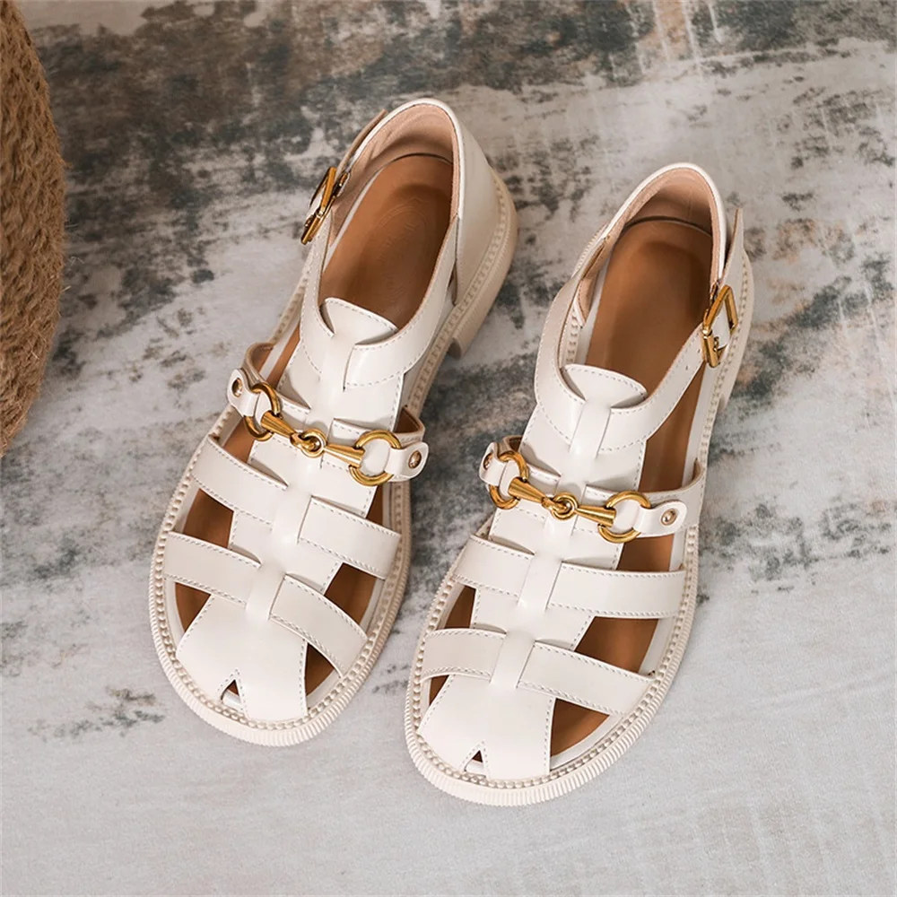 Women Sandals 2024 Summer New Retro Metal Chain Closed Toe Ladies Roman Flat Sandals Large-Sized Buckle Strap Gladiator Sandals