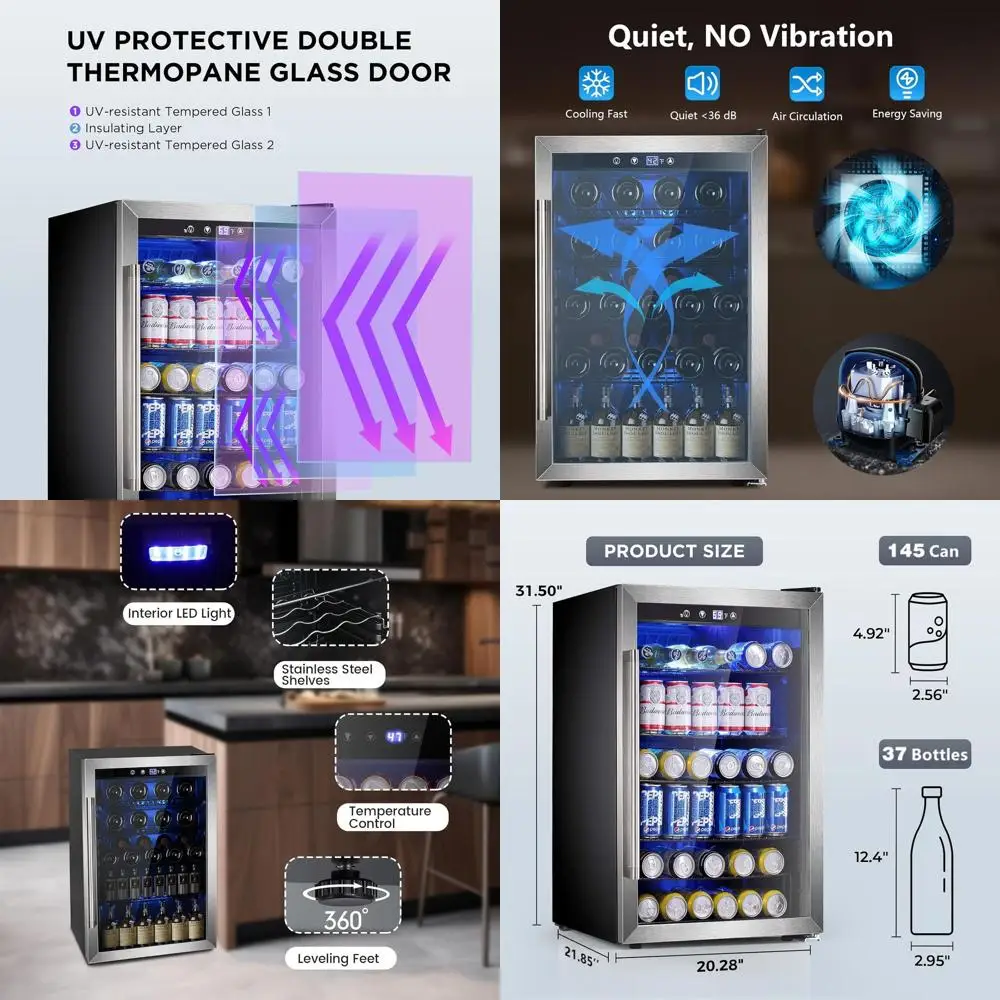 

Stainless Steel 37-Bottle Wine Cooler with Reversible Glass Door, 145-Can Beverage Fridge for Kitchen or Bar, 4.5 Cu. Ft., Silve