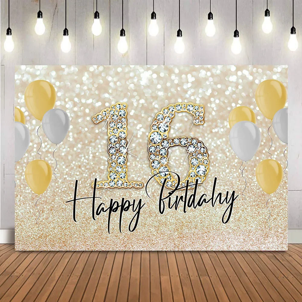 Sweet 16 Happy Birthday Backdrop Glitter Bokeh Sliver Shining Dot Photo Background Sixteen Birthday Party Decoration Banner Prop