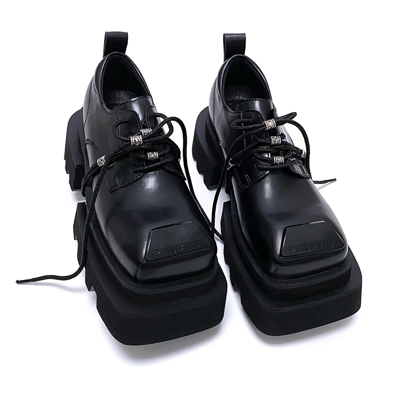 New Original Fashion Lace-up Square Head Derby Leather Shoes Women British Style Heightening Thick Bottom Youth Female Shoes 