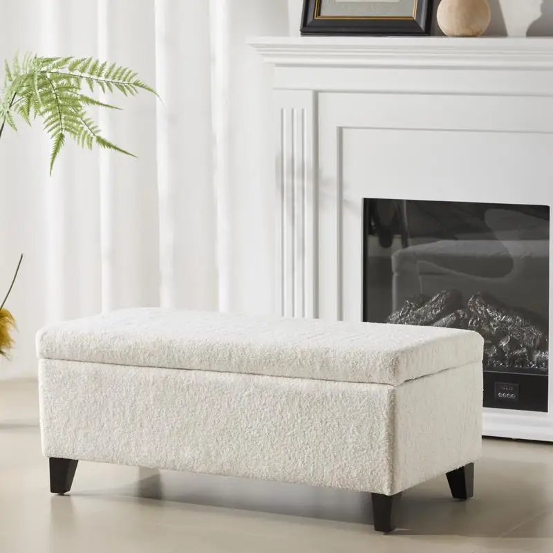

Storage Ottoman with Flip Top Lid, Easy Assembly, Boucle Fabric, Birch Wood Legs, White Color, Versatile and Stylish for Home
