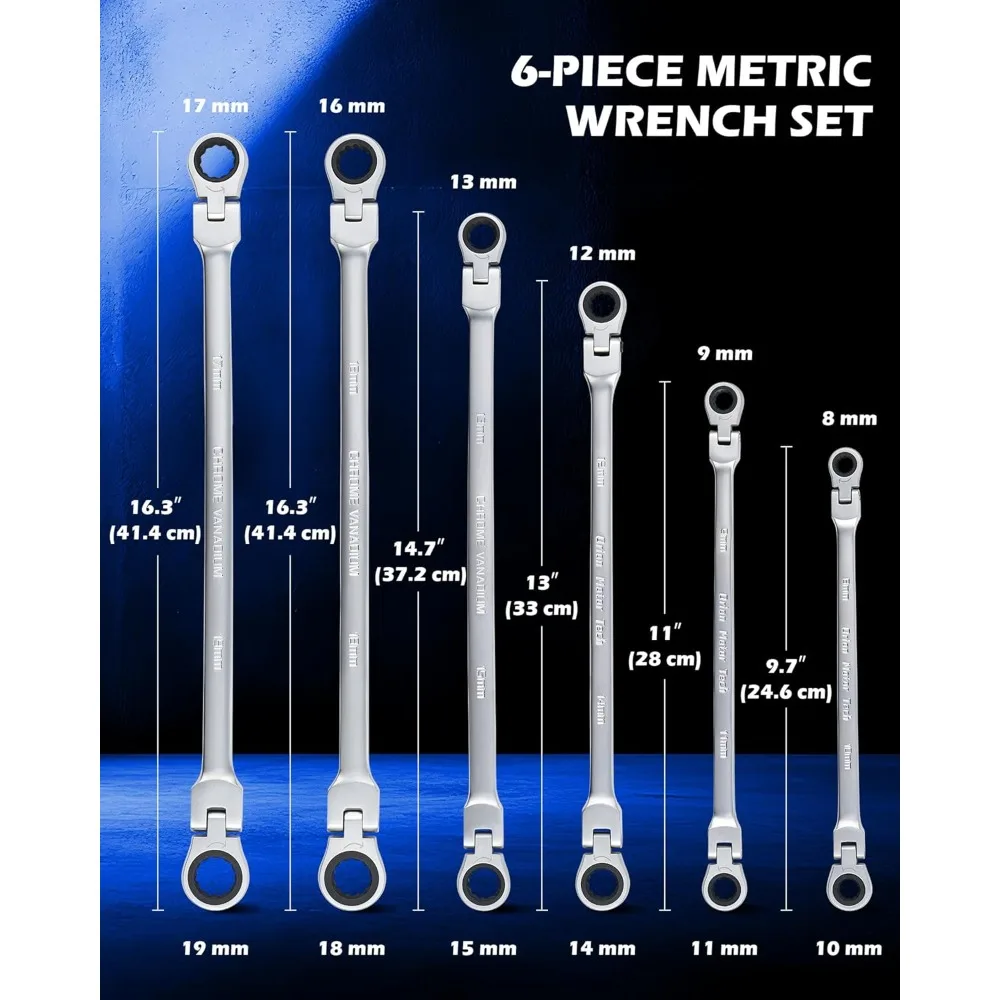 

6-Piece Ratcheting Wrench Set, Metric 8-19 mm Flex Head Ratcheting Wrench Set, Extra Long Ratchet Wrench Set with 72 Tooth Gear
