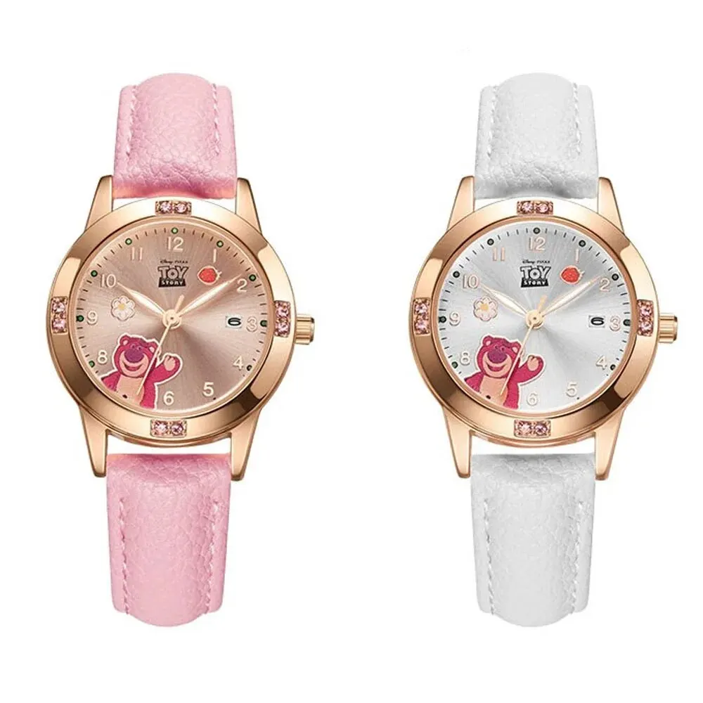 Disney Watches PU Leather Quartz Wristwatches Strawberry Bear Cute Clock for Ladies Cartoon Dial Montre Femme