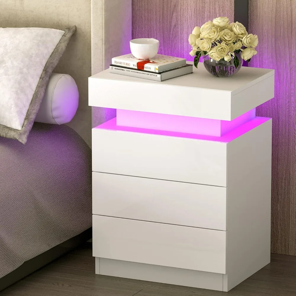 Nightstands.Nightstand with LED Lights, 3 Drawers and 1 Flapping Top Storage Box, White Night Stand for Bedroom, Modern Tall