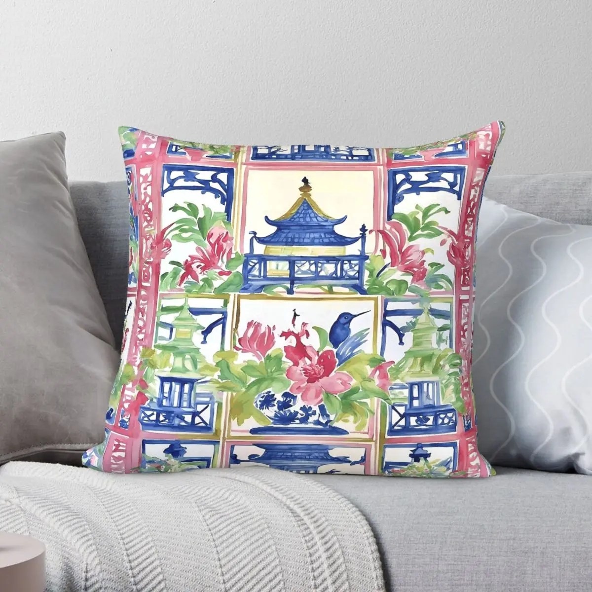 

Trellis Chinoiserie Pagodas Birds Square Pillowcase Polyester Linen Velvet Pattern Zip Decor Bed Cushion Cover 18"