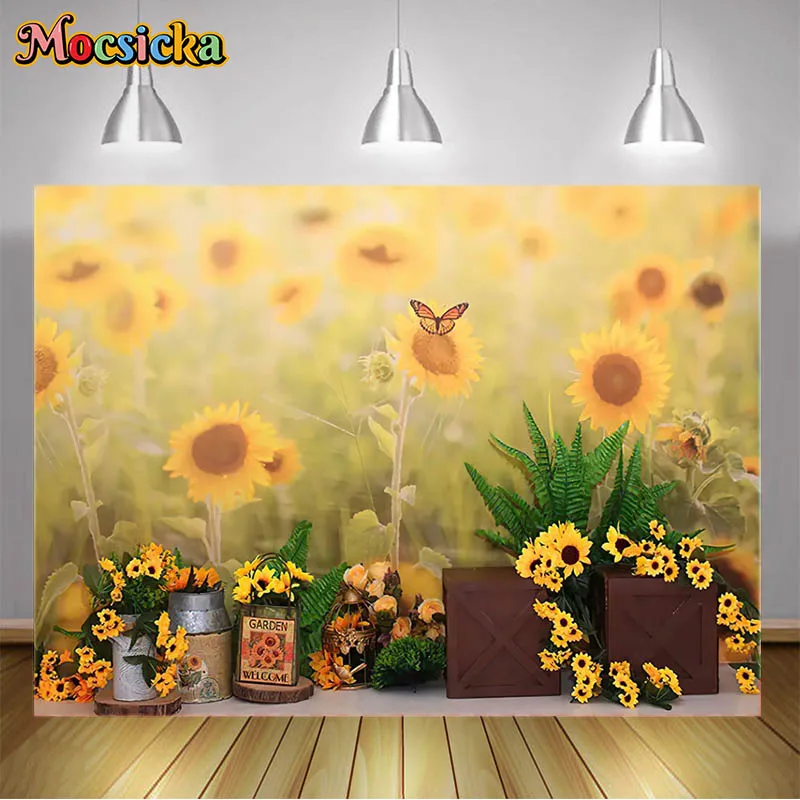 

Sunflower Photography Backgrounds Sunflower Butterfly Wooden Boxes Decor Backdrop Professional Photography Studio Accessories