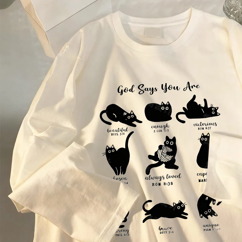 Fun cartoon kitten printed Oversize  White long-sleeved T-shirt for women autumn loose tops casual Korean sweet women's clothes