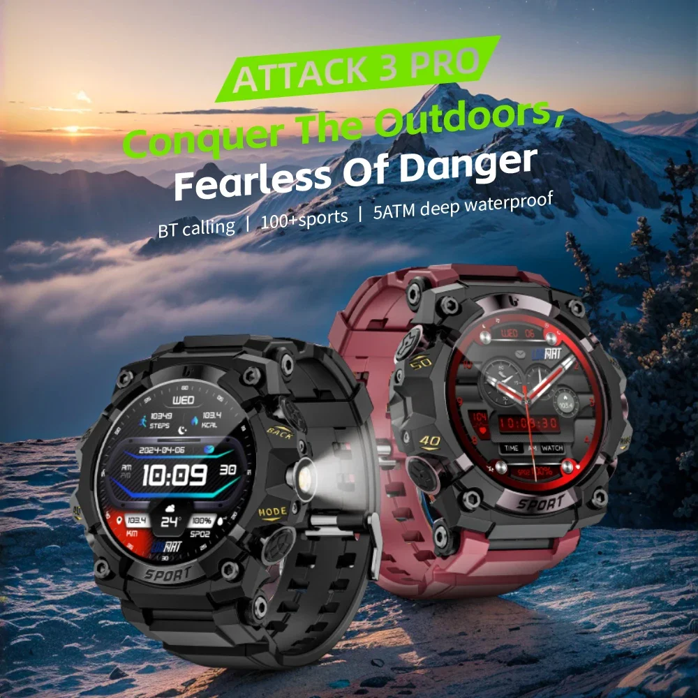 LOKMAT New ATTACK 3 PRO Rugged Smart Watch Bluetooth Calls Fitness Tracker Flashlight Message Push Heart Rate Monitor for Phone