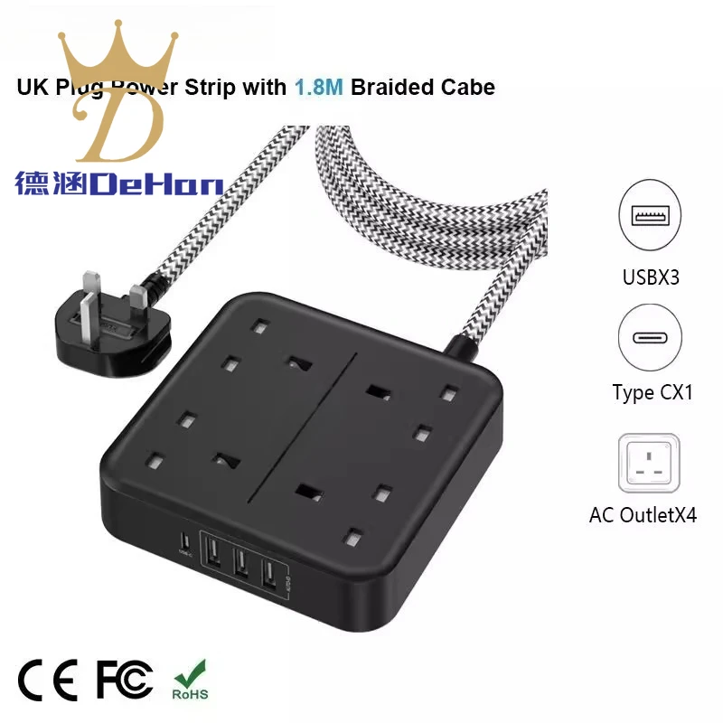 

Для британской вилки с 4 розетками переменного тока, 3 USB 1 Type C Multi Po
