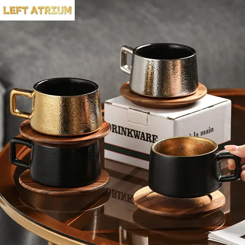 Luxurious Retro Gold Silver Coffee Cup and Saucer Ceramic Set Gift Box Gift Solid Wood Cup Coffee Mug Drinking Utensils 230ML