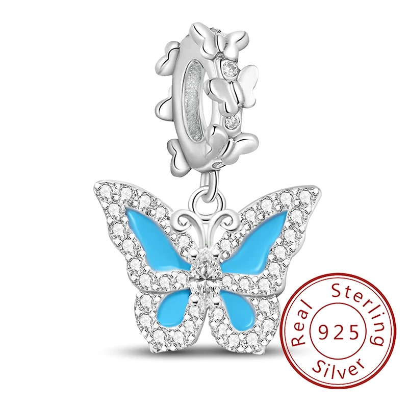 

925 Sterling Silver Blue Butterfly Series Cute Zircon Charms Beads Fit Original Pan Bracelet Bangle DIY Jewelry For Women Gift