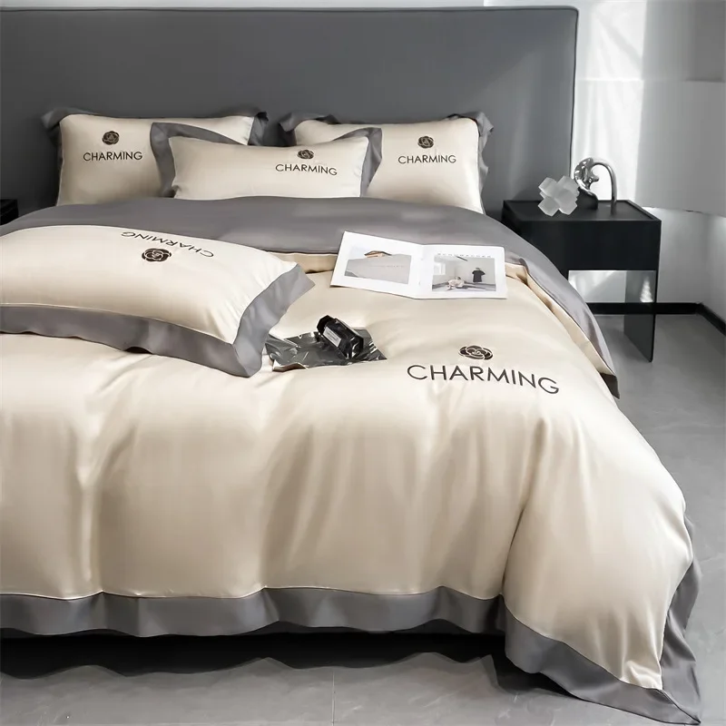 

Light luxury summer ice silk four-piece set washed silk smooth and cool bedding sheets mattress quilt cover 4 sleeping naked