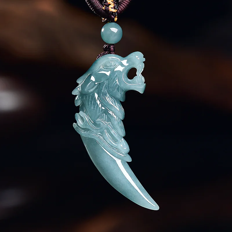 Natural Real Emerald Blue Water Wolf's Tooth Pendant Myanmar Jadeite Necklace Jewelry Charm Designer Luxury Vintage Women Luck
