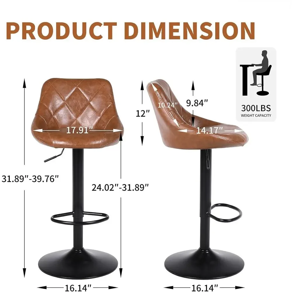 Set of 2 Swivel Counter Height Bar Stools with Backrest and Footrest, Brown Leather for Kitchen Island or Dining Area - view 3