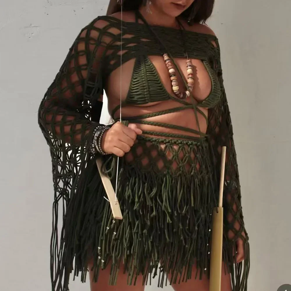 Beachapche Green Tassel Macrame Women Beach Cover Ups Vintage Tassel Halter Neck Dress Backless Vestidos Customizable