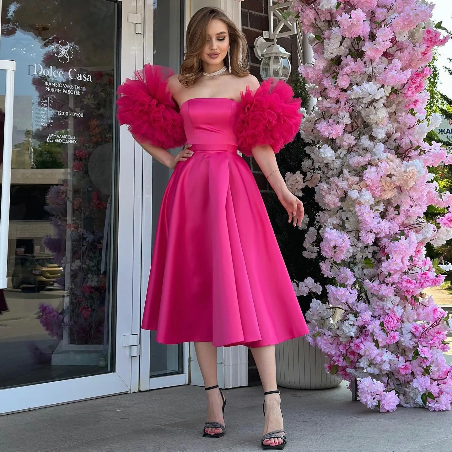 Simple Fuchsia Mid Calf Satin Split Women Dresses With Detachable Ruffles Tulle Sleeves Modest A-line Female Party Dress