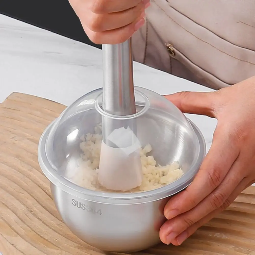 

304 Stainless Steel Garlic Masher Manual Rustproof Garlic Mashing Pot with Lid Large Capacity Mortar Grinding Bowl Spices