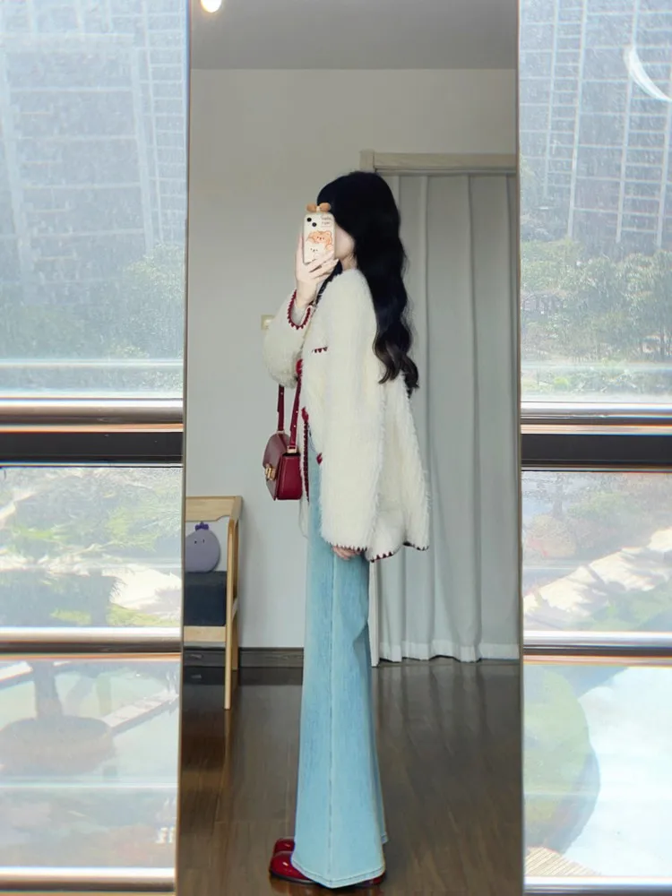 Pelliccia di agnello ort Jaet da donna in pelle e pelliccia intrecciata piccola fraanza Sle autunno e inverno sensazione di fascia alta