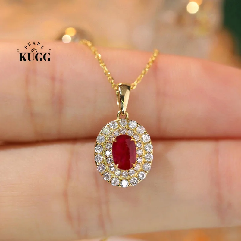 KUGG 100% 18K Yellow Gold Necklace Elegant Style Natural Diamond Natural Ruby Pendant Necklace for Women High Wedding Jewelry