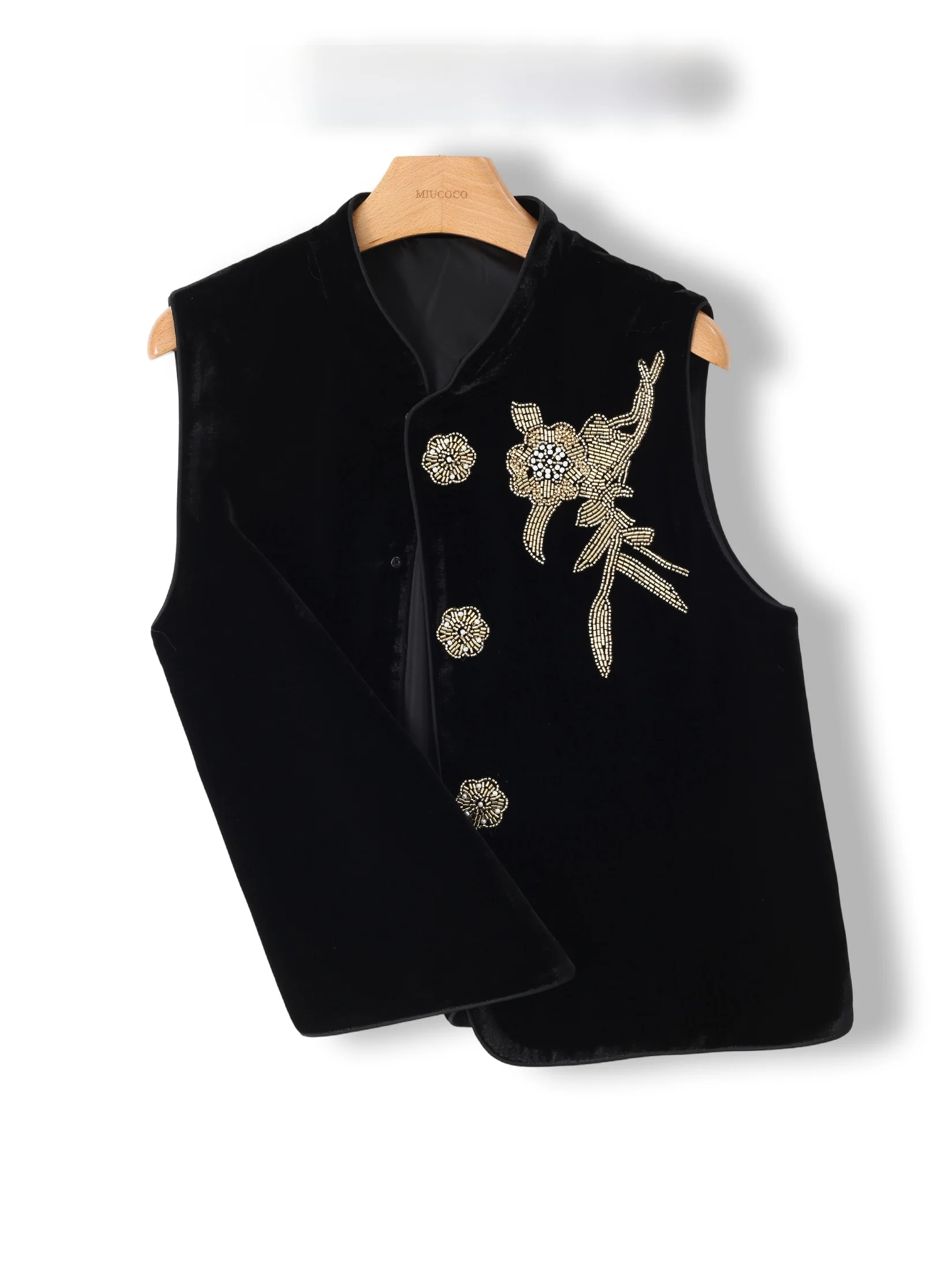 P Brand Black Velvet Beaded Embroidery New Chinese Style Women's Vest Fashionable Outerwear Original Design Stand Collar Regu...