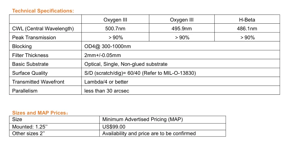 ANTLIA Hb&O3 High Quality Visual Filters, Deep Space Hb And OIII Channel Photographic Filters