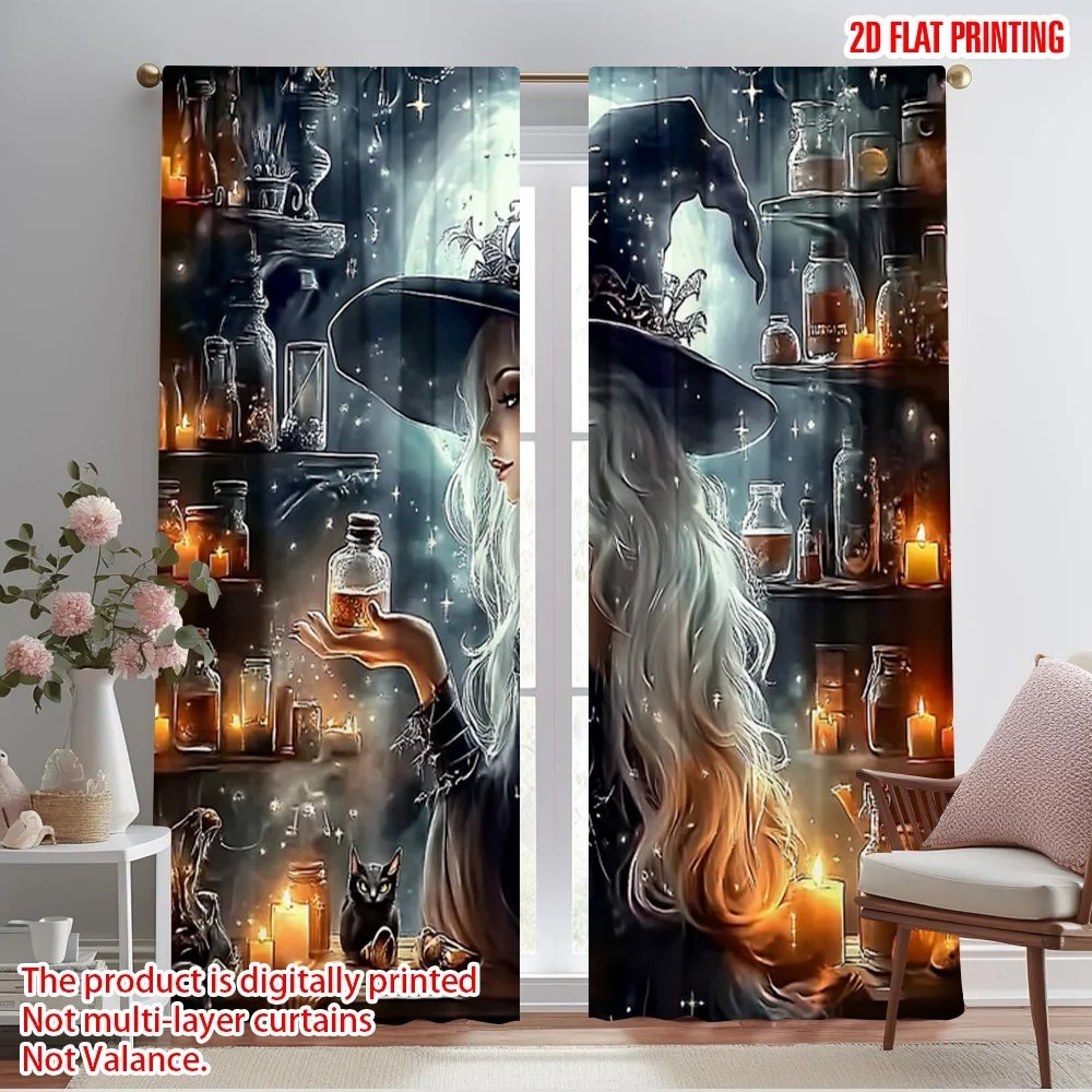 

2pcs 2D flat printing Halloween Party Curtains little witch Polyester Without Electricity Spring Party & Holiday Decor for Wall