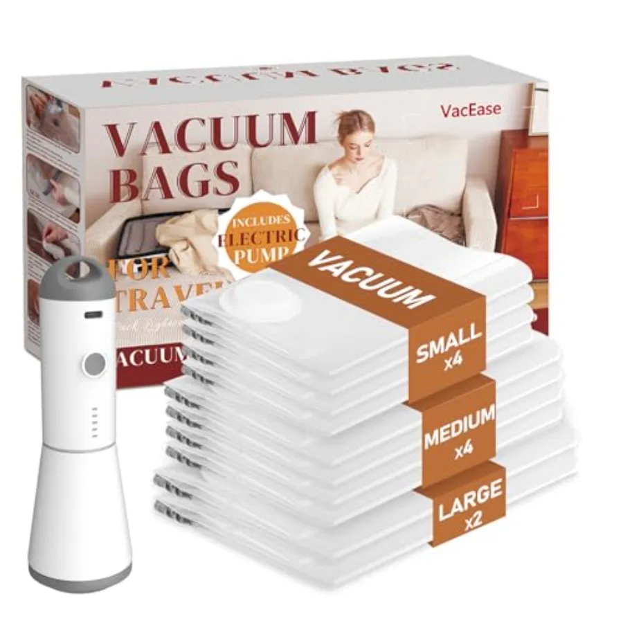 

Vacuum Storage Bags for Clothing Travel, 10 Pack Vacuum Bags with Rechargeable Cordless Air Pump 2 Large+4 Medium+4 Small , Com