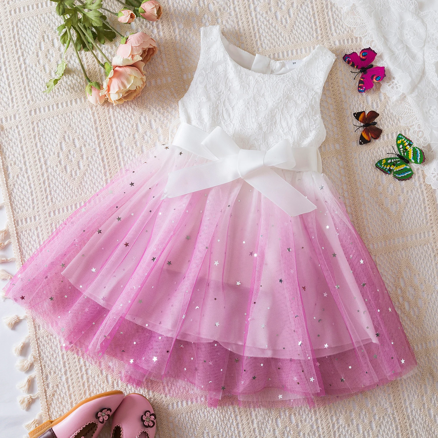 Dress for Kids Girls 2024 New Summer Clothes for 3-8Y Children Clothing Pink Ombre Princess Casual Dress for Birthday Party Wear