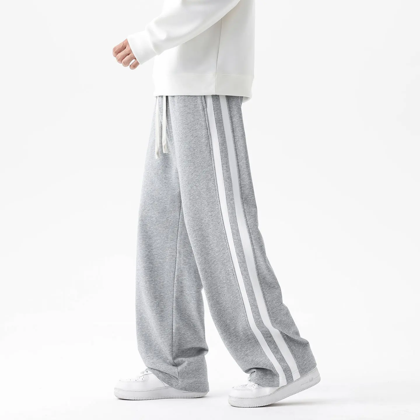 

Новые весенние мужские свободные вязаные брюки с широкими штанинами, двойным поясом и прямым кроем, повседневные спортивные брюки с высокой талией для молодежи