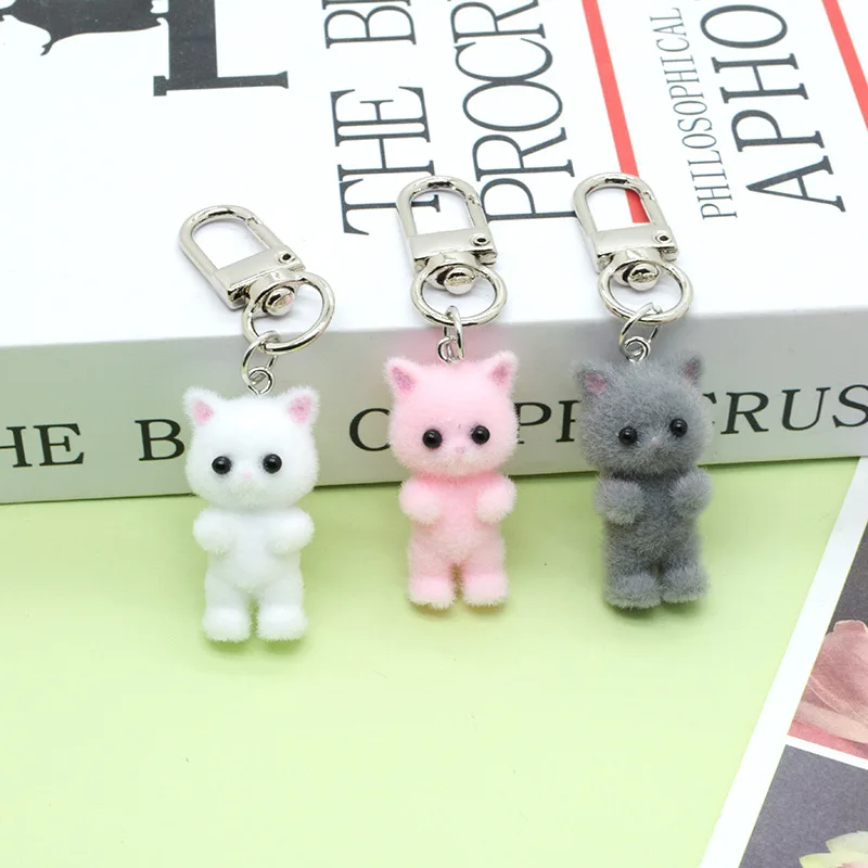 4PCS Kawaii Cat Pendant 3D Fluffy Flocking Animal Cat Charms Miniature Dolls Keychain Necklace Pendant DIY Crafts Jewelry Make