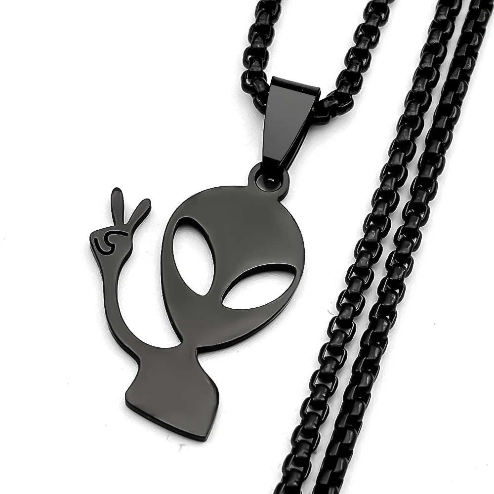 Lustige Alien-Anhänger-Halskette für Damen und Herren, Edelstahl, silberfarben, Goth-Streetwear, Rapper-Schmuck, Ketten-Accessoire – Detail 5