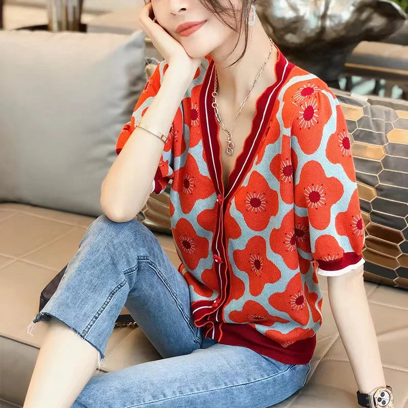 small fragrance wind patchwork color jacquard ice silk cotton short sleeve cardigan women\'s summer loose wood ear edge V-neck T-