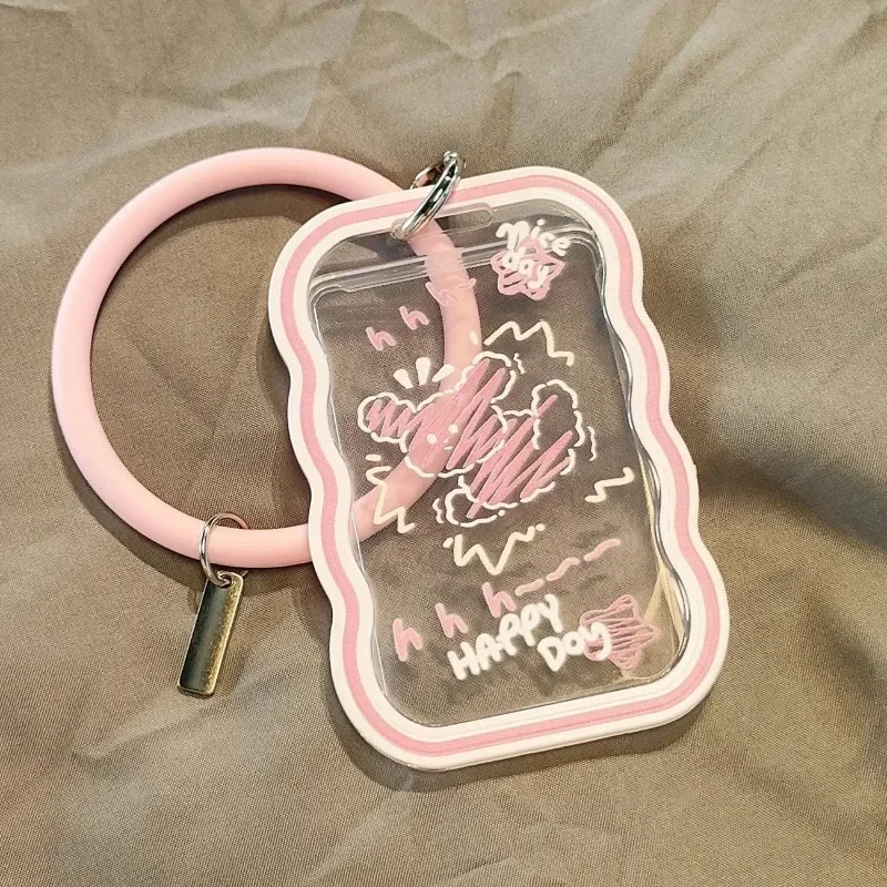 

1PC Student Card Case Photo Protector Case Pink Cute Work ID Card Holder Acrylic with Wrist Rope Campus Bus Card Cover