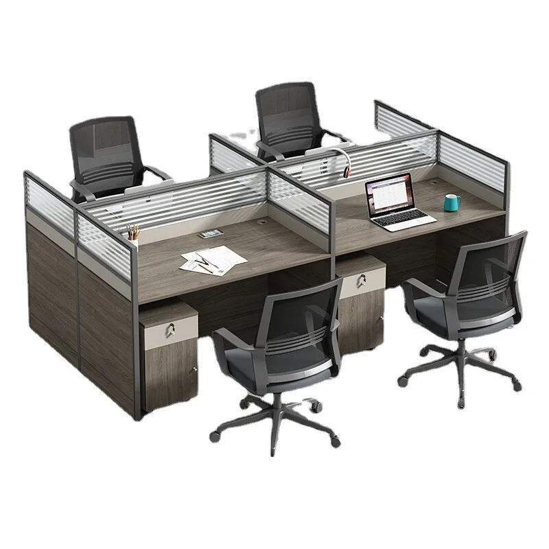 Simple and modern combination of employee desks, chairs, and desks for four people, with a screen and card space for office use