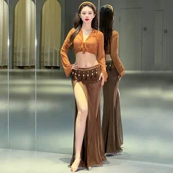 Belly Dancing Training Clothing for Women's Long Sleeved Mesh Top+Split Long Skirt Oriental Dance Professional Practice Clothes
