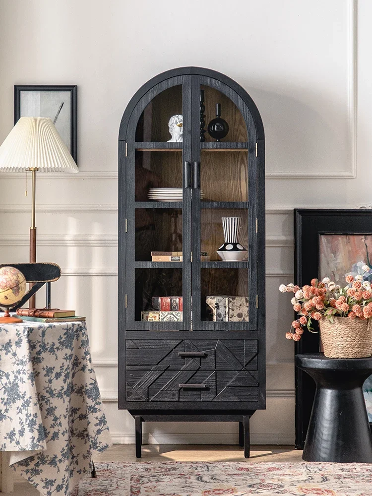 

LDRetro Living Room Wall Solid Wood Black Arch Relief Glass Display Cabinet with Door